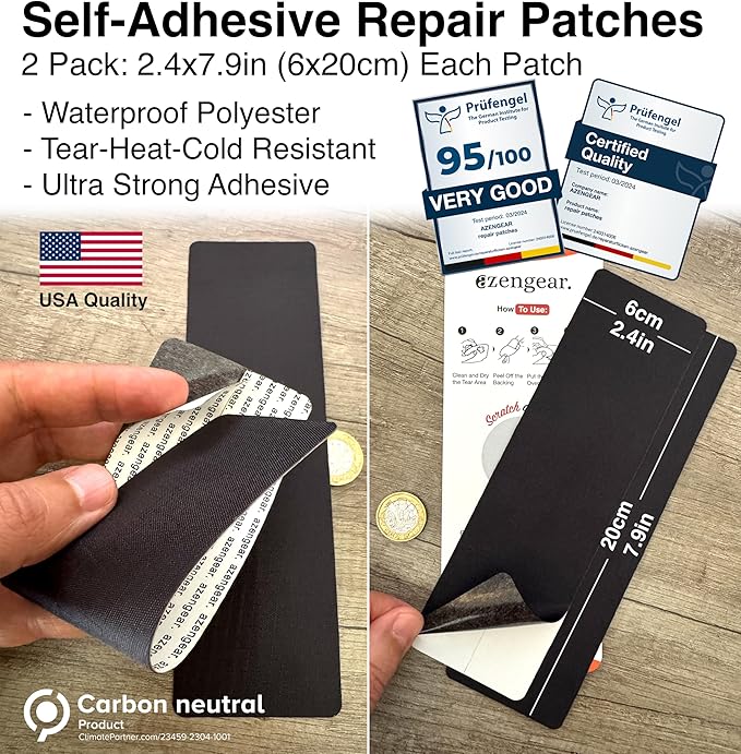 aZengear Jacket Repair Patches (2 Pack) - Self-Adhesive, Waterproof, Tear-Cold-Heat-Resistant Polyester to Fix Rips in Tents, Down Jackets, Puffers, Snowsuit, Shoe, Upholstery (Black)