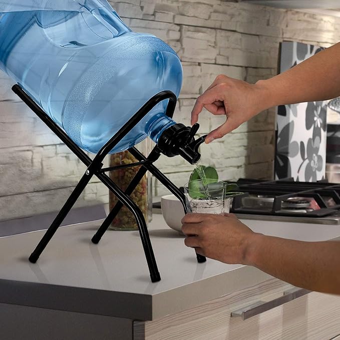 Brio 5 Gallon Water Bottle Jug Drink Dispenser Storage Cooler Foldable Cradle Stand BPA Free Valves Stainless Steel Rack Holder No Leak Non Slip Countertop with 2 Dispenser Valves, Fits Both 48mm and