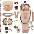9PCS Brown for Stanley Cup Accessories Set Bling Initials Bow Charms for Stanley Decorations 30/40 Oz Tumbler Accessories Including Bow Straw Topper, Handle Strap, Spill Stopper（Letter V）