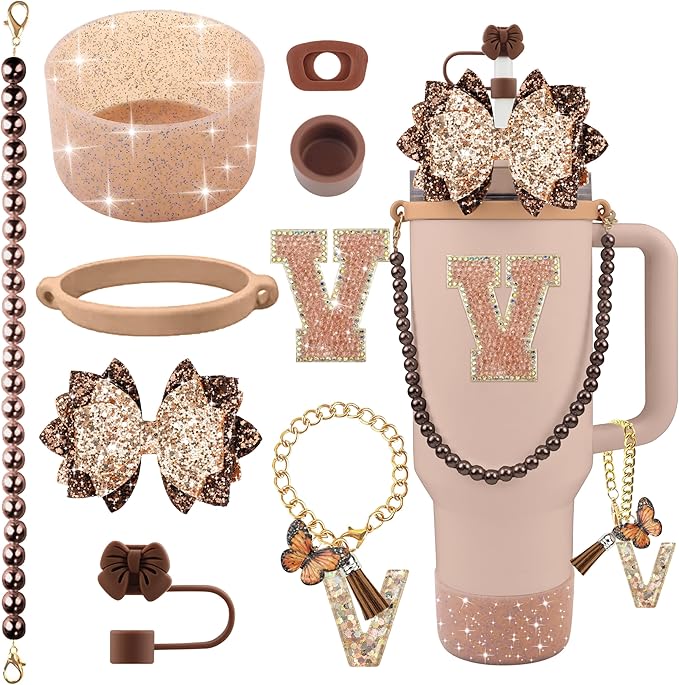 9PCS Brown for Stanley Cup Accessories Set Bling Initials Bow Charms for Stanley Decorations 30/40 Oz Tumbler Accessories Including Bow Straw Topper, Handle Strap, Spill Stopper（Letter V）
