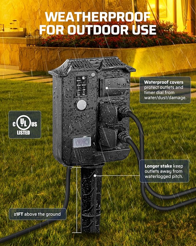 DEWENWILS Outdoor Power Stake Timer Waterproof, 6 Grounded Outlets, 6FT Extension Cord, 100FT Wireless Remote Control, Photocell Dusk to Dawn Timer for Lights, Yard, Garden, UL Listed, Black