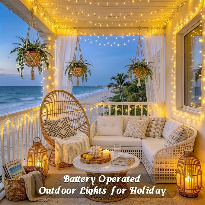 JMEXSUSS 2 Pack Battery Operated String Lights Outdoor Indoor, Total 66ft 200 LED Fairy String Lights with Remote, Warm White Battery Christmas Lights for Bedroom Holiday House Tree Porch Party Yard