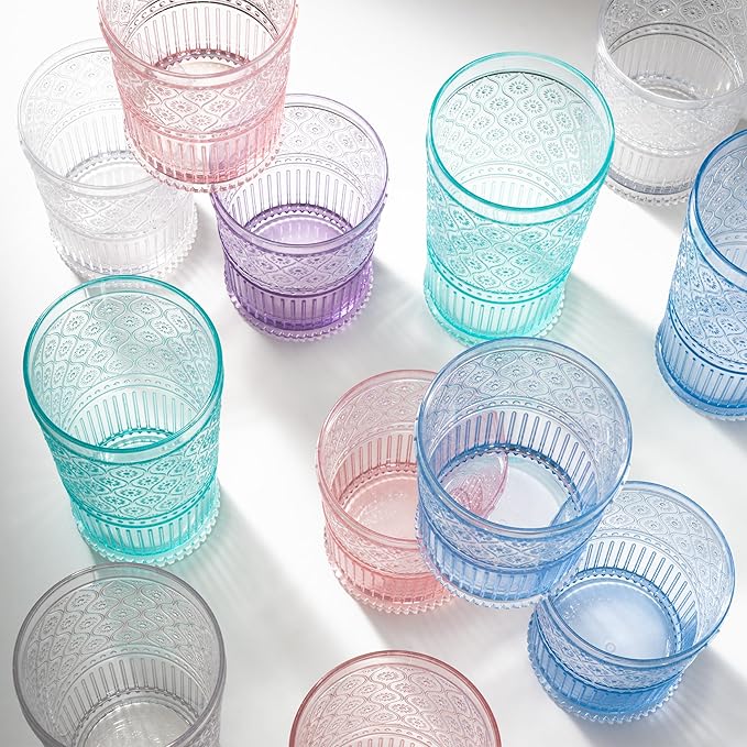 Godinger Highball Drinking Glasses, Acrylic Drinking Glasses Set, Elegant Tall Plastic Cups, Vintage Romantic Decor - Set of 4, Blush (Pack of 2)