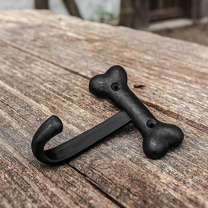 Mystic Colonial Medieval Cast Iron Bone-Shaped Wall Hook (Set of 2) | (3 in x 4 in) Rustic Gothic Decorative Hooks with Black Finish for Coats, Hats, Keys, Towels & Bags