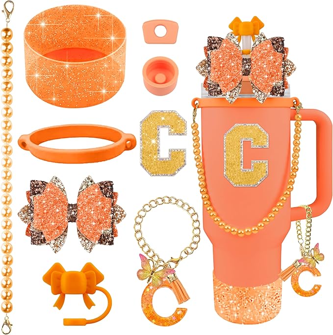 9PCS Orange for Stanley Cup Accessories Set Bling Initials Bow Charms for Stanley Decorations 30/40 Oz Tumbler Accessories Including Bow Straw Topper, Handle Strap, Spill Stopper（Letter C）