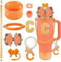 9PCS Orange for Stanley Cup Accessories Set Bling Initials Bow Charms for Stanley Decorations 30/40 Oz Tumbler Accessories Including Bow Straw Topper, Handle Strap, Spill Stopper（Letter C）