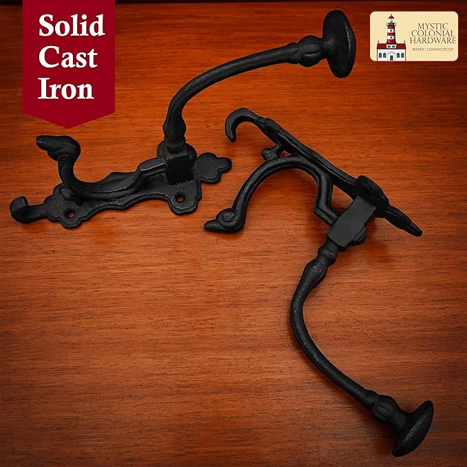 Mystic Colonial Rustic Cast Iron Wall Hooks – Heavy Duty Vintage Utility Hooks for Hanging Coats, Towels, Bags, Robes, Hats & More – Large Decorative Wall Mount Hanger, Pack of 10, Black