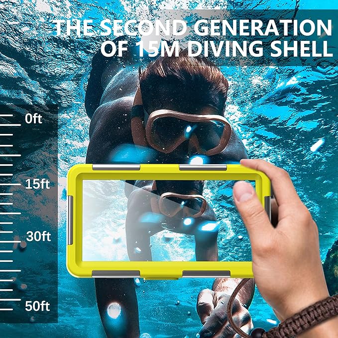 2026 Underwater Snorkeling Diving Phone Case for Phone 17/16/15/14/13/12Pro Max/Galaxy S25/S24/S23.(50ft/15m) Professional Scuba Dive Waterproof Case Underwater Photo Video（Yellow）