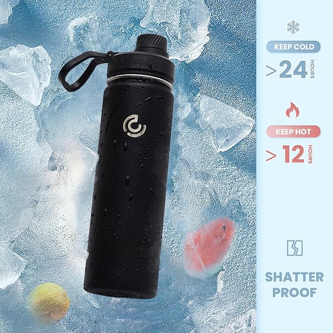 Sports Water Bottle 22oz, Insulated Water Bottle with Handle,Stainless Steel,Simple Modern,Suitable for Travel, School, Boy, Girl(Black)