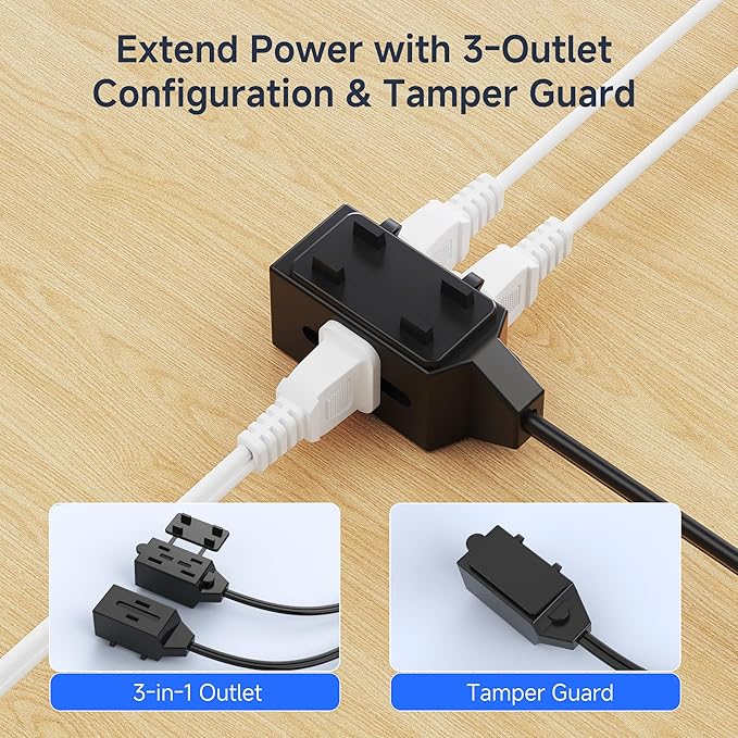 [ETL Listed] Cable Matters 2-Pack 16 AWG 2 Prong Long Extension Cord 15 ft, 13A 3-Outlet Extension Cords with Tamper Guard, 13 Amp, 1625 Watts, Black
