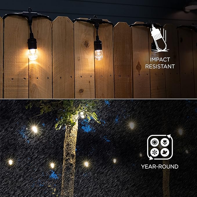 Enbrighten Classic Warm White String Lights, 48ft Black Cord, 24 Shatterproof Acrylic Bulbs, Weatherproof, Outdoor String Lights, 31664