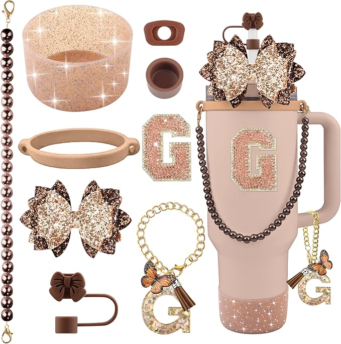 9PCS Brown for Stanley Cup Accessories Set Bling Initials Bow Charms for Stanley Decorations 30/40 Oz Tumbler Accessories Including Bow Straw Topper, Handle Strap, Spill Stopper（Letter G）