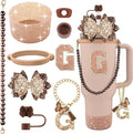 9PCS Brown for Stanley Cup Accessories Set Bling Initials Bow Charms for Stanley Decorations 30/40 Oz Tumbler Accessories Including Bow Straw Topper, Handle Strap, Spill Stopper（Letter G）