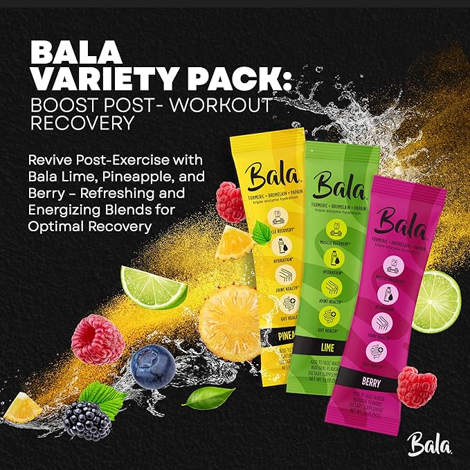Bala Total Body Wellness Drink Mix, Hydrate & Recover Variety Pack, Pineapple, Lime & Berry, 4 Per Flavor, Zero Sugar Electrolytes Powder Packets with Enzymes & Amino Acids, Turmeric Drink, 12 Count