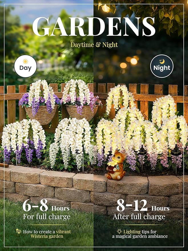 GIGALUMI Solar Lights Outdoor for Garden Decor, 3 Pack Solar Flower Lights Waterproof, 2 Lighting Modes Wisteria for Pathway,Yard, Patio Decoration, Gardening Gifts for Women (White)
