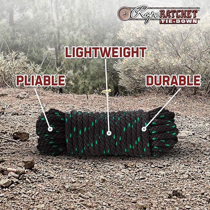 Rope Ratchet 1/2" 50 ft Braided Polypropylene Utility Cord, Weather Resistant Indoor Outdoor for Gardening, DIY Projects, Securing Loads, Binding, Knot Tying, Tarp Use, 500 lb Capacity - Black/Green