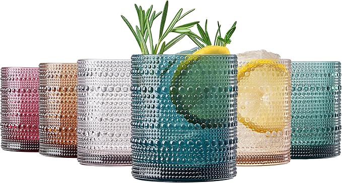 Khen Plastic Hobnail Drinking Glasses Set of 6 Neutral Tones Cups 14oz, Shatterproof & Unbreakable Acrylic Beaded Design, BPA-Free, Dishwasher Safe Indoor/Outdoor Drinkware for Water, Juice, Cocktails