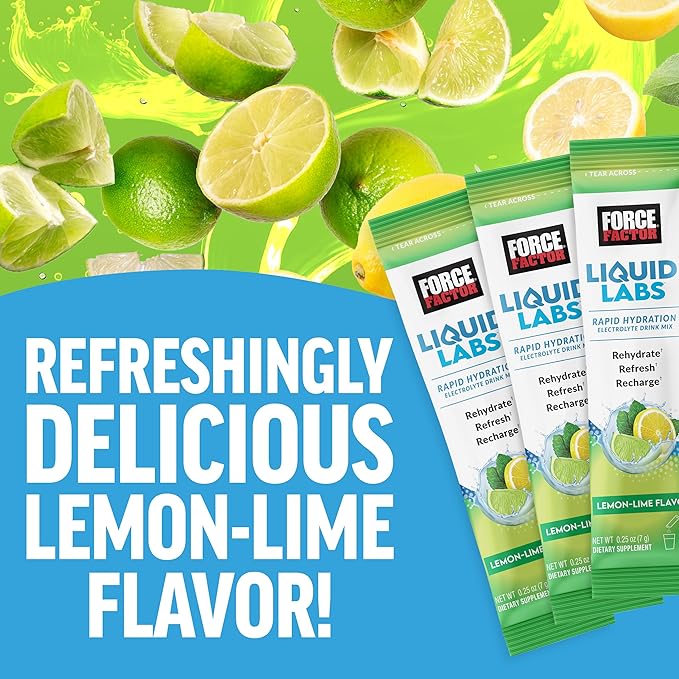 Force Factor Liquid Labs Electrolytes Powder Packets—Lemon Lime—Hydration Packets to Make Electrolyte Water with 5 Essential Electrolytes, Vitamins, Minerals, and Antioxidants, 20 Stick Packs