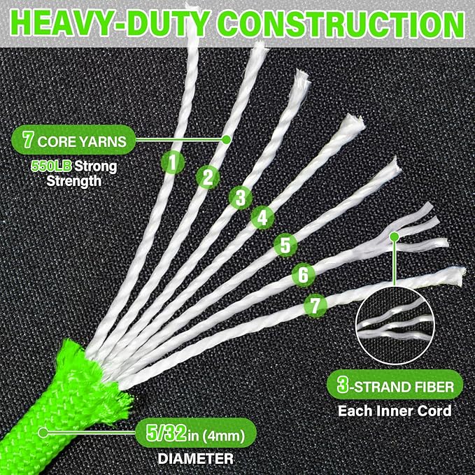 Paracord Rope 550 lb - 100ft 5/32" Parachute Cord 4MM 7-Strand para Cord - Heavy Duty Spool String for Survival,Camping Gear, Survival Bracelet, Clothesline - Neon Green