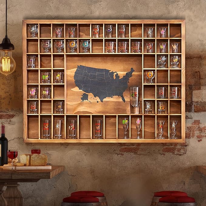 Large Shot Glass Display Case with US Map,60 Slots, 34 X 26 Inch Rustic Wood Shot Glass Display Cabinet for 2 Size -In Rooms Bars Wine Cellars with Shot Glasses Jewelry Shell & Keepsakes