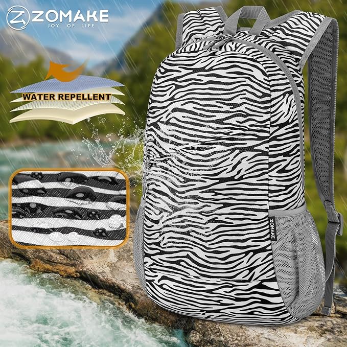 ZOMAKE Lightweight Packable Backpack,Foldable Backpacks Small Daypack for Hiking Water Resistant Day Bag for Travel(Zebra print)