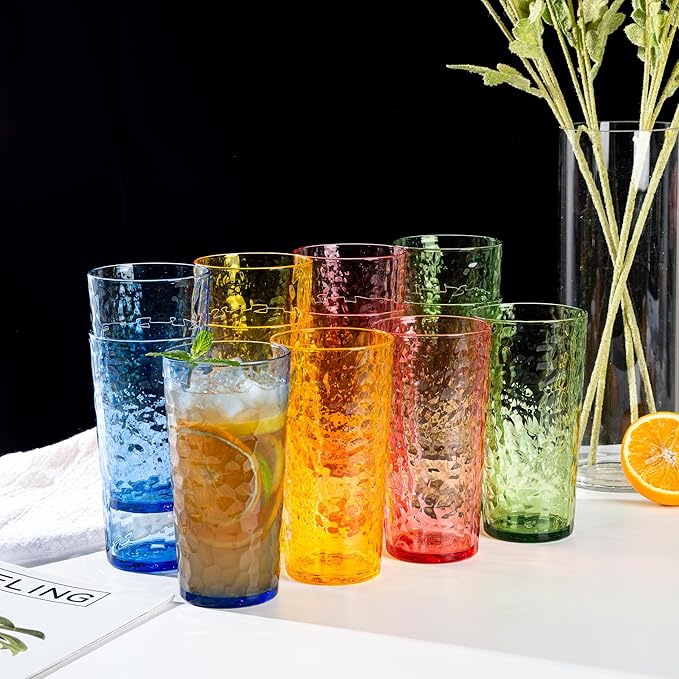 24-ounce Plastic Tumblers, Acrylic Drinking Glasses High-Balls, Reusable Plastic Cups, set of 8 Green, Hammered Style Stackable, BPA-Free, Shatter-Proof, Dishwasher-Safe