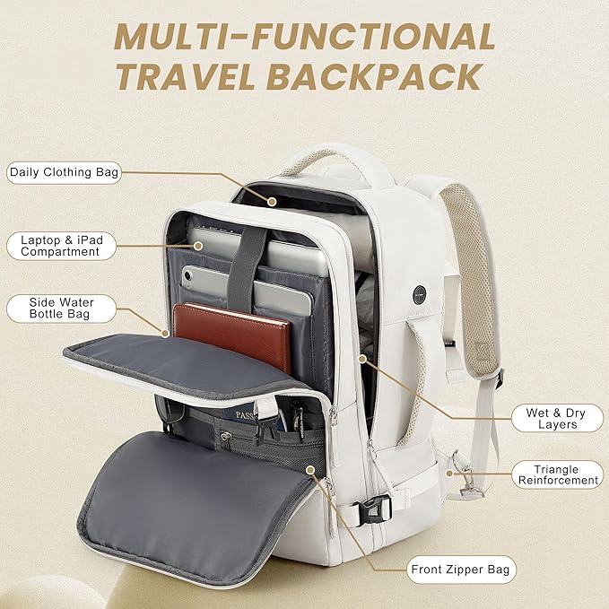 Sinaliy Travel Backpack, Carry on Flight Approved Backpack with Multi-Pockets, TSA Waterproof 17.3inch Laptop Backpack, Personal Item Travel Bag for Men Women, Beige