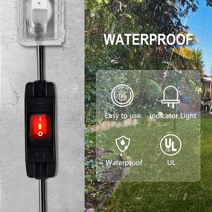 Outdoor Extension Cords with Switch Waterproof Switch 3 Prong Extension Cord with Inline Cord Switch, Heavy Duty Extension Cord 125v/250v Black Sjtw Extension Cord(1.5 Ft)