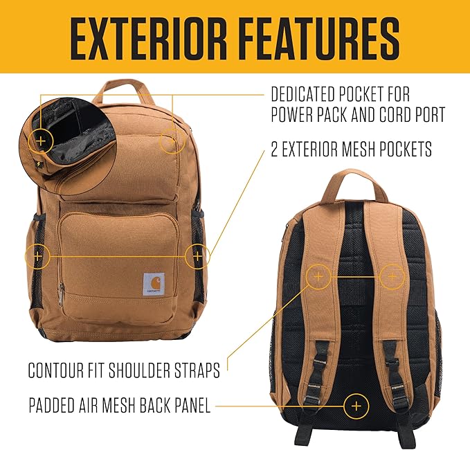 Carhartt 28L Dual-Compartment Backpack, Durable Pack with Laptop Sleeve and Duravax Abrasion Resistant Base, Carhartt Brown