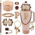9PCS Brown for Stanley Cup Accessories Set Bling Initials Bow Charms for Stanley Decorations 30/40 Oz Tumbler Accessories Including Bow Straw Topper, Handle Strap, Spill Stopper（Letter P）