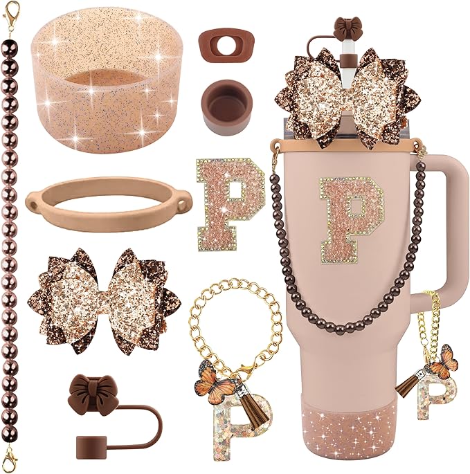 9PCS Brown for Stanley Cup Accessories Set Bling Initials Bow Charms for Stanley Decorations 30/40 Oz Tumbler Accessories Including Bow Straw Topper, Handle Strap, Spill Stopper（Letter P）