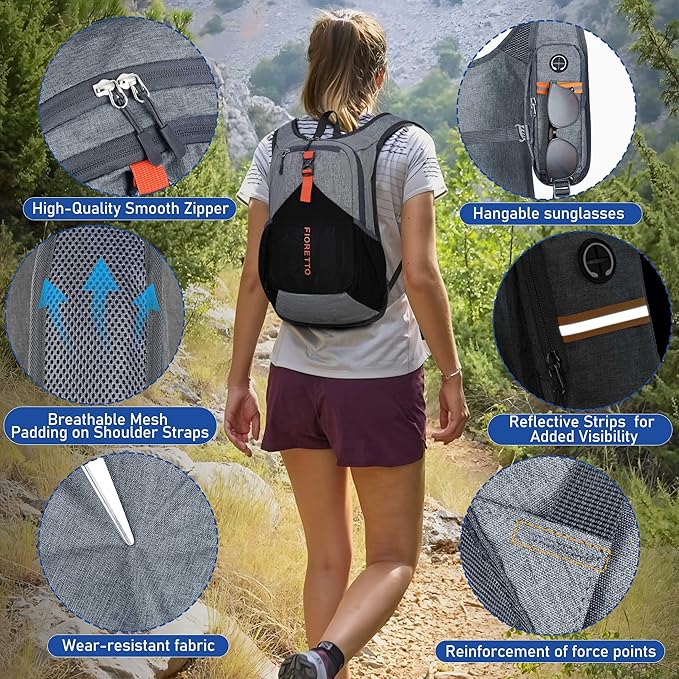 FIORETTO 15L Hiking Backpack for Women Men Mini Packable Backpack Lightweight Small Daypack for Camping Travel Outdoor, Grey and Black