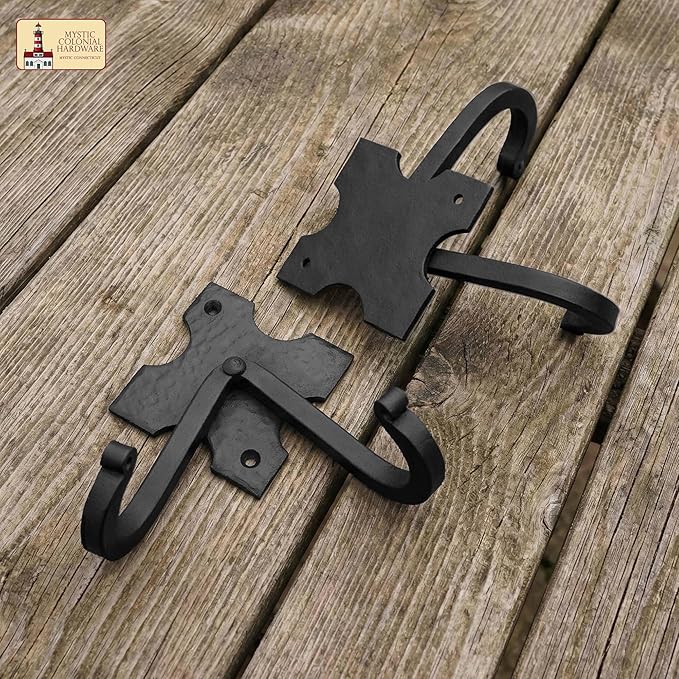 Mystic Colonial Rustic Cast Iron Wall Hooks, Heavy Duty Retro Utility Hooks for Hanging Coat, Bag, Towel, Robe, Hat and More, Mounting Hardware Included, Pack of 2, Black