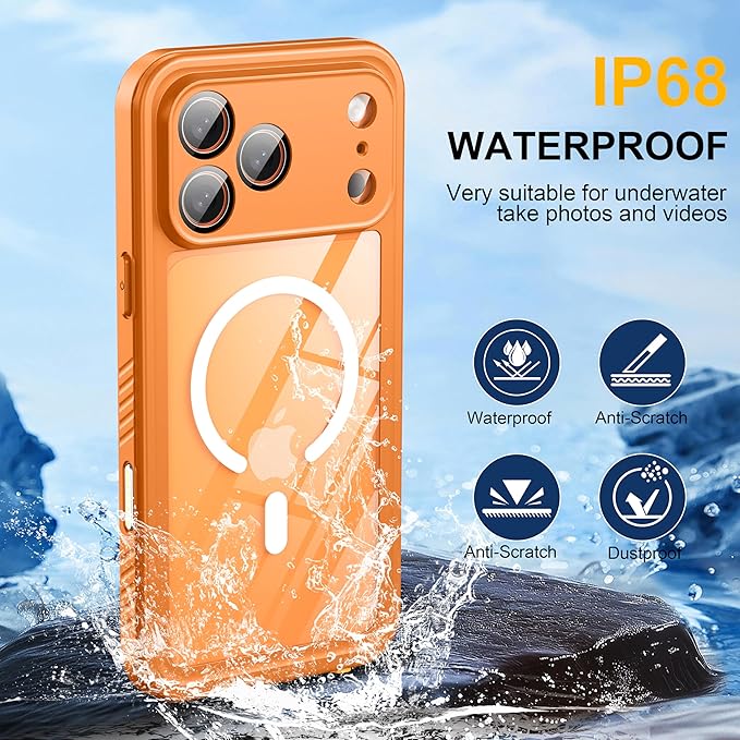 ANTSHARE for iPhone 17 Pro Max Case, Compatible with Magsafe, IP68 Waterproof Case, [Built-in Screen Protector] - 12 FT Military Dropproof - Full Body Heavy Duty Rugged Phone Cover - Orange/Clear