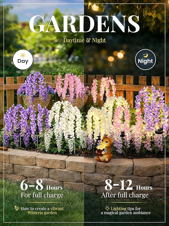 GIGALUMI Solar Lights Outdoor for Garden Decor, 3 Pack Solar Flower Lights Waterproof, 2 Lighting Modes Wisteria for Pathway,Yard, Patio Decoration, Gardening Gifts for Women (Multi-Colored)