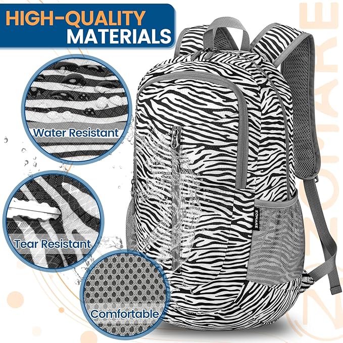 ZOMAKE Ultra Lightweight Packable Backpack 25L - Foldable Hiking Backpacks Water Resistant Small Folding Daypack for Travel(Zebra print)