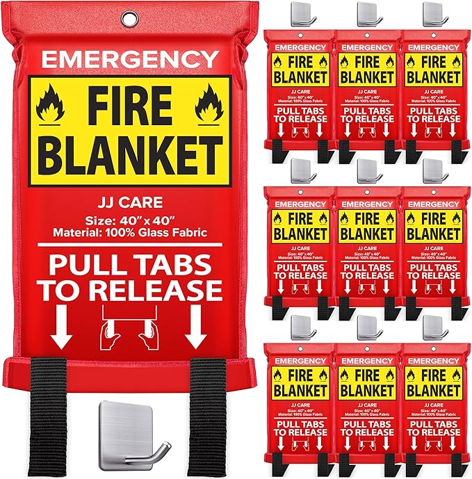 JJ CARE Fire Blanket – 10 Packs with Hooks – 40" x 40" Emergency Fire Blanket for Home & Kitchen, High Heat Resistant Fire Suppression Blankets for Home Safety, Kitchen, and Camping
