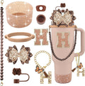 9PCS Brown for Stanley Cup Accessories Set Bling Initials Bow Charms for Stanley Decorations 30/40 Oz Tumbler Accessories Including Bow Straw Topper, Handle Strap, Spill Stopper（Letter H）