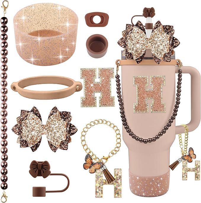 9PCS Brown for Stanley Cup Accessories Set Bling Initials Bow Charms for Stanley Decorations 30/40 Oz Tumbler Accessories Including Bow Straw Topper, Handle Strap, Spill Stopper（Letter H）