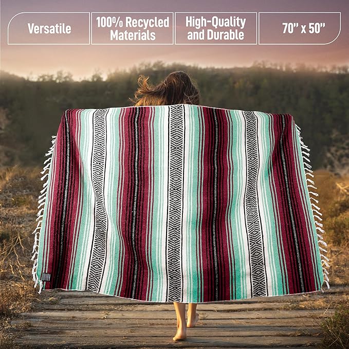 Hydration Nation Authentic Large Handwoven Mexican Blanket - Soft Yoga- Durable Serape- Lightweight Falsa, Beach, Camping, Picnic, Outdoor Blanket 70"x50" - Miami Vice