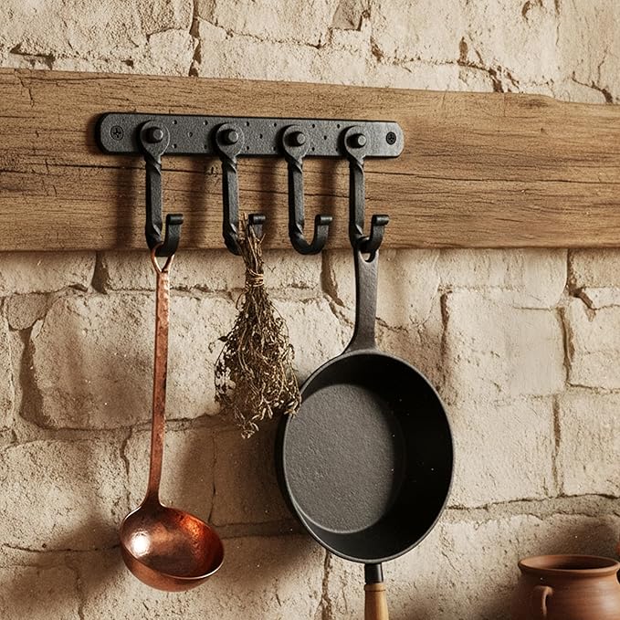 "Mystic Colonial Rustic Cast Iron Wall Mounted Coat Rack with 4 Blackened Hooks � Heavy Duty Vintage Utility Hanger for Entryway, Bathroom, Kitchen, Bag, Hat & Towel � Mounting Hardware Included"