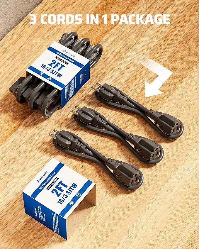 DEWENWILS 3-Pack 2FT Heavy Duty Extension Cord, 16 AWG SJTW Weatherproof Power Cable for Indoor, 3-Prong Grounded Plug for Holiday Decor/Home/Garden, ETL Listed, Black