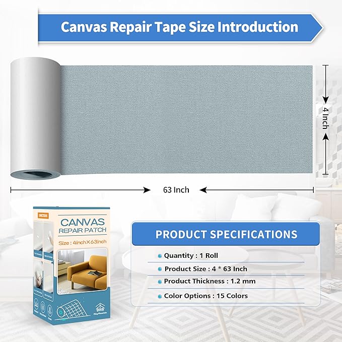 KING MOUNTAIN Canvas Repair Tape,Outdoor Gear Patch, 4×63 Inches,Waterproof,Self-Adhesive for Repairing Boat Covers,Sun Shades,Sofas,Tents,Lounge Chairs,Awnings (Light Grey-1)