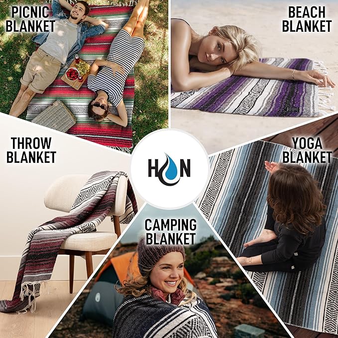 Authentic Extra Large Mexican Blanket - Handwoven Yoga, Serape, Artisanal Falsa, Beach, Camping, Picnic, Outdoor Blanket (King Turquoise)