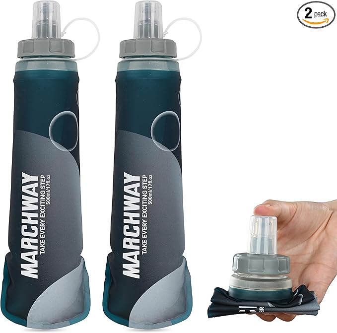MARCHWAY Soft Hydration Flask with Wide Mouth, 300ml/500ml Collapsible TPU Water Bottle, Leakproof Portable Flexible for Running, Hiking, Cycling, Climbing, Gym, Travel (2pcs Blackish Green 300ml)