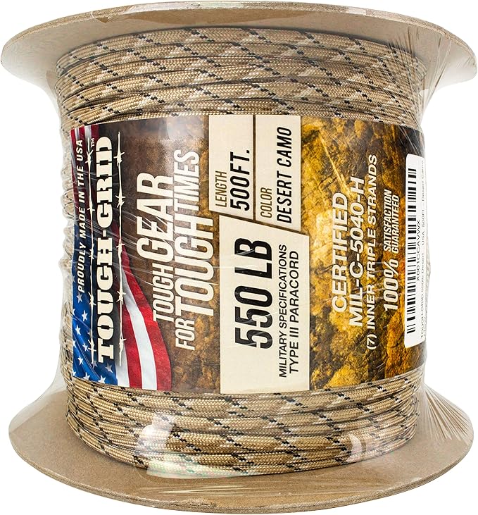 TOUGH-GRID 550 Paracord, Type III Mil-Spec Nylon Rope - 500 Ft Desert Camo Tactical Survival Cord