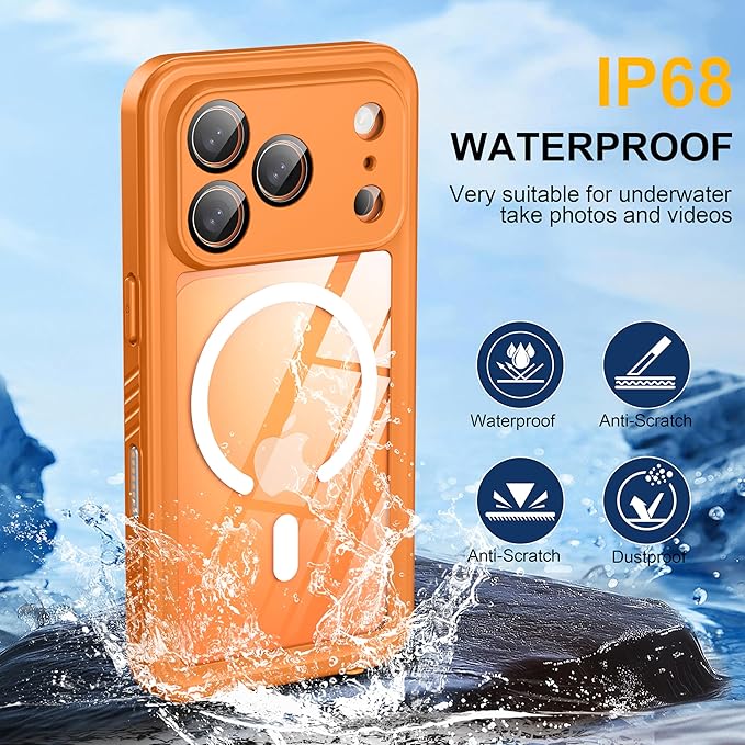 ANTSHARE for iPhone 17 Pro Case, Compatible with Magsafe, IP68 Waterproof Case, [Built-in Screen Protector] - 12 FT Military Dropproof - Full Body Heavy Duty Rugged Phone Cover - Orange/Clear