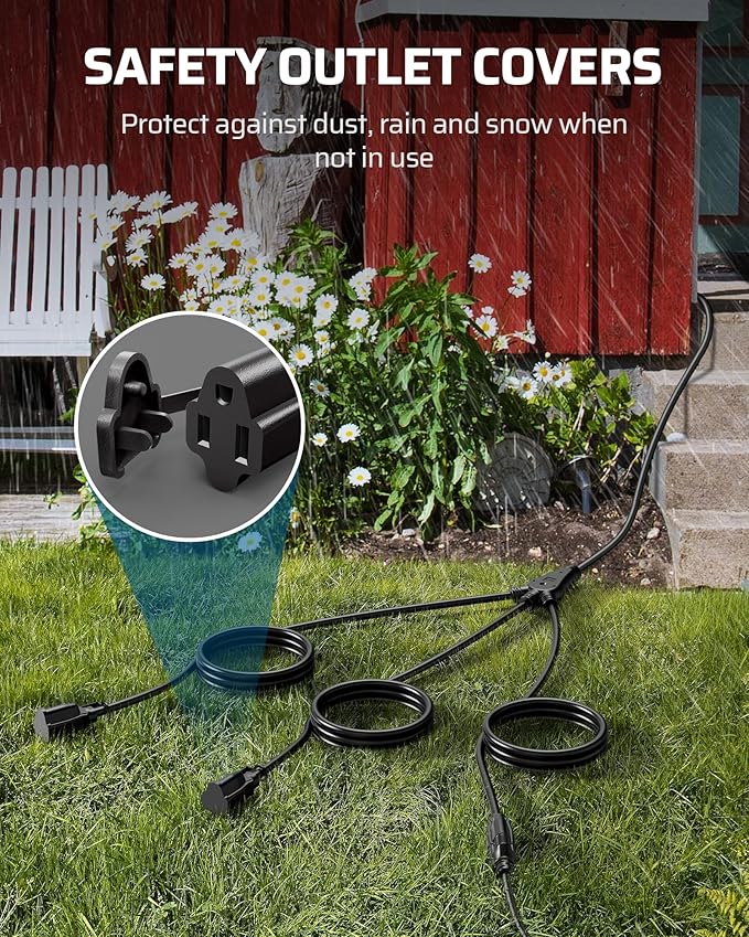 DEWENWILS Outdoor Extension Cord 1 to 3 Splitter, 3 Prong Outlets Plugs, Max 28ft End to End (40 FT Total),16/3C SJTW Weatherproof Wire for Outdoor String Lights, ETL