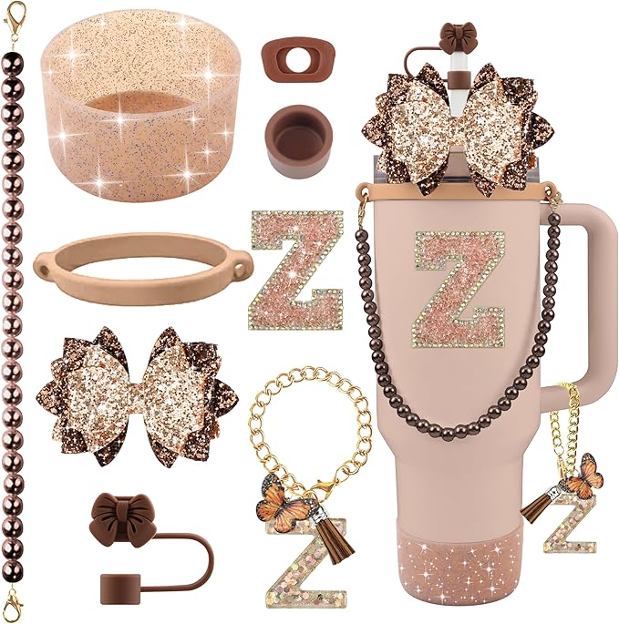 9PCS Brown for Stanley Cup Accessories Set Bling Initials Bow Charms for Stanley Decorations 30/40 Oz Tumbler Accessories Including Bow Straw Topper, Handle Strap, Spill Stopper（Letter Z）