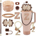 9PCS Brown for Stanley Cup Accessories Set Bling Initials Bow Charms for Stanley Decorations 30/40 Oz Tumbler Accessories Including Bow Straw Topper, Handle Strap, Spill Stopper（Letter Z）